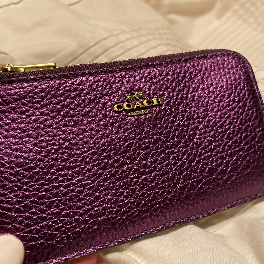 Plum metallic coach card holder leather